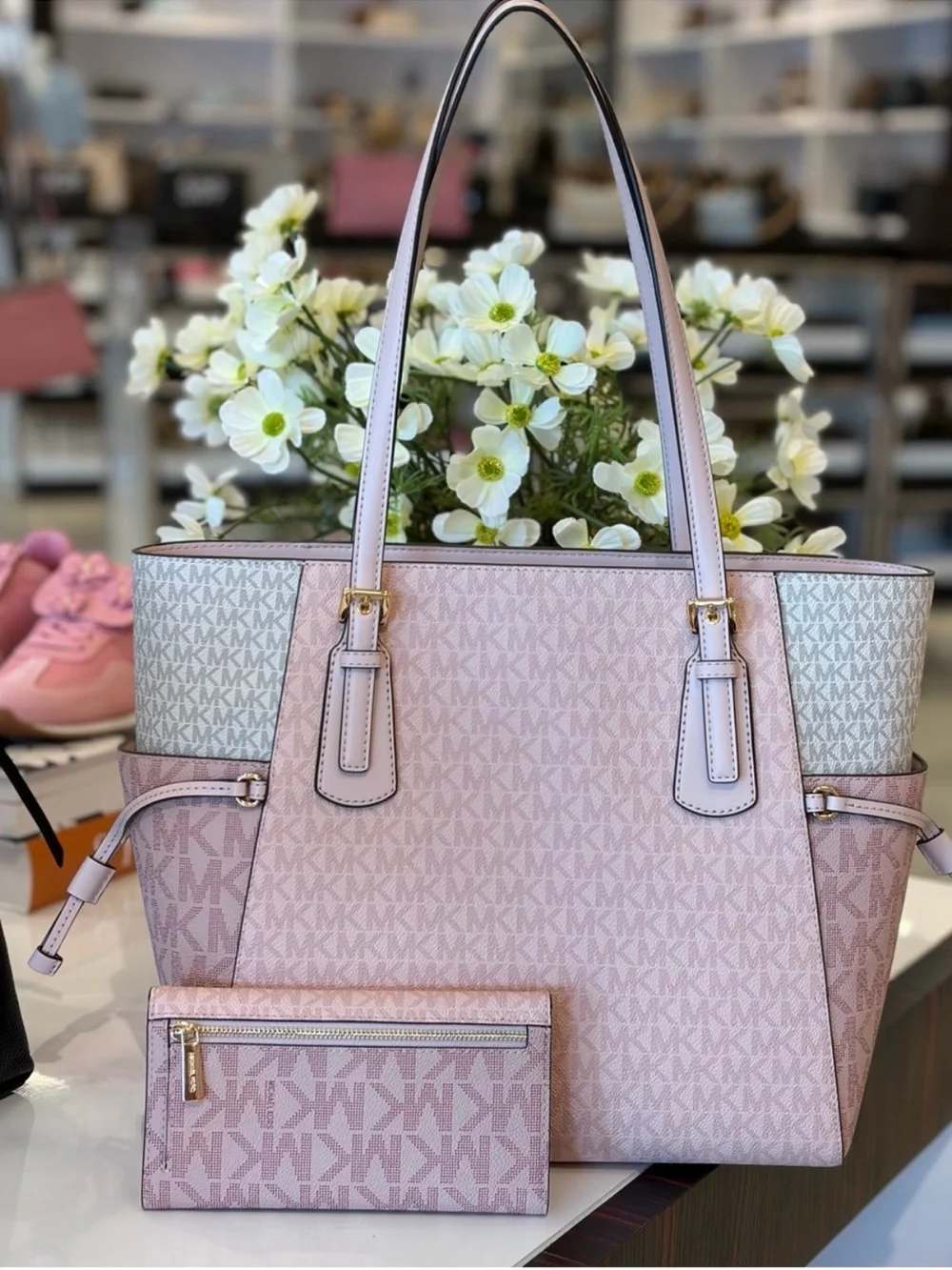 Michael Kors Pink Signature Tote with Trifold Wallet Set NWT